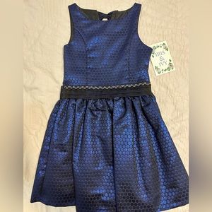 Size 8 Girls Party Dress in Metallic Blue/Black with Back and Waist Detail